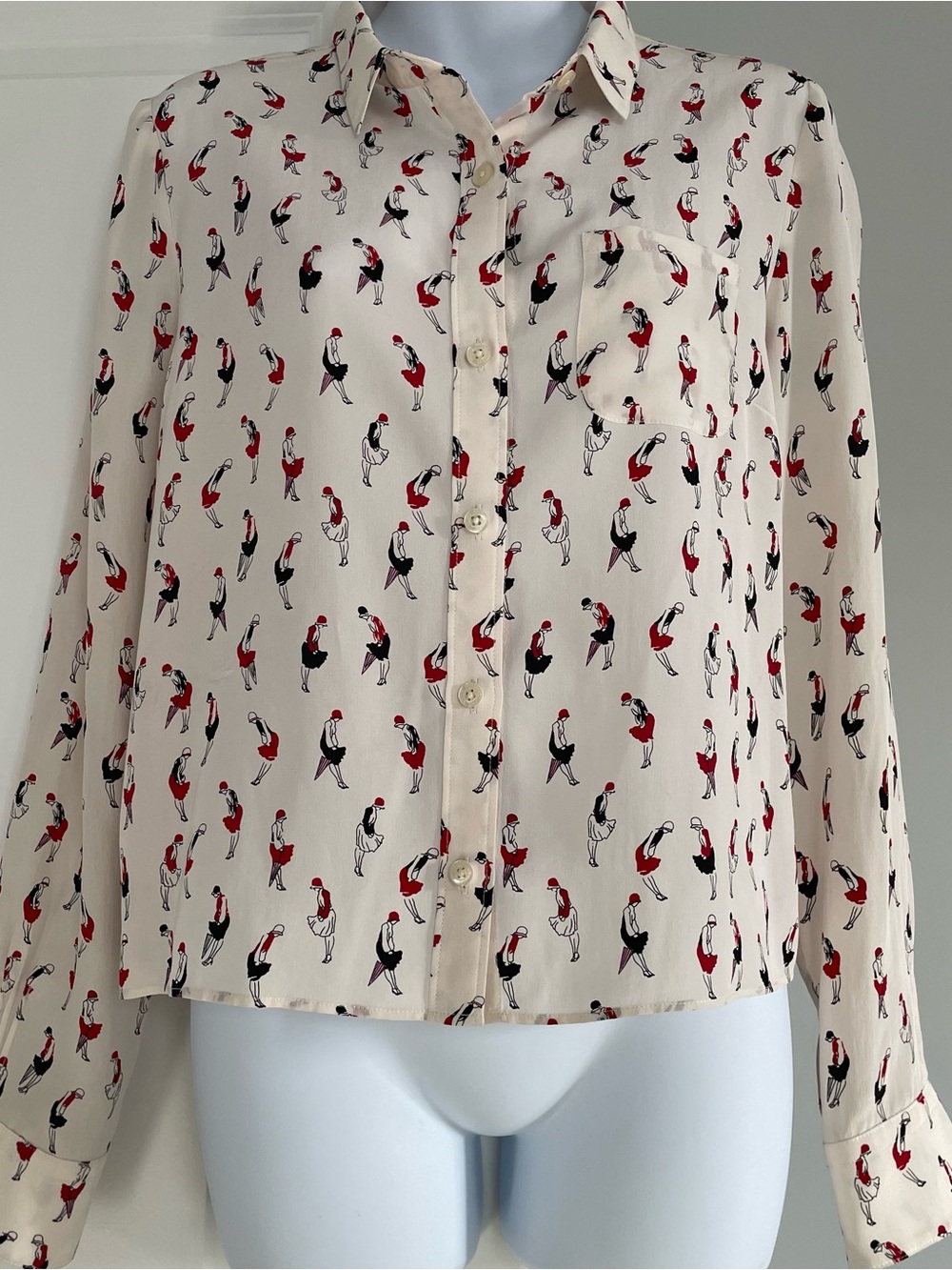 Brooks Brothers Red Fleece Cream Button-Down Blouse W Red & Black Dancer Print